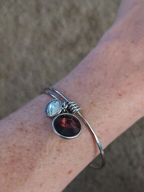 Silver Adjustable Bracelet with Dark Red Gem and Logo Charm